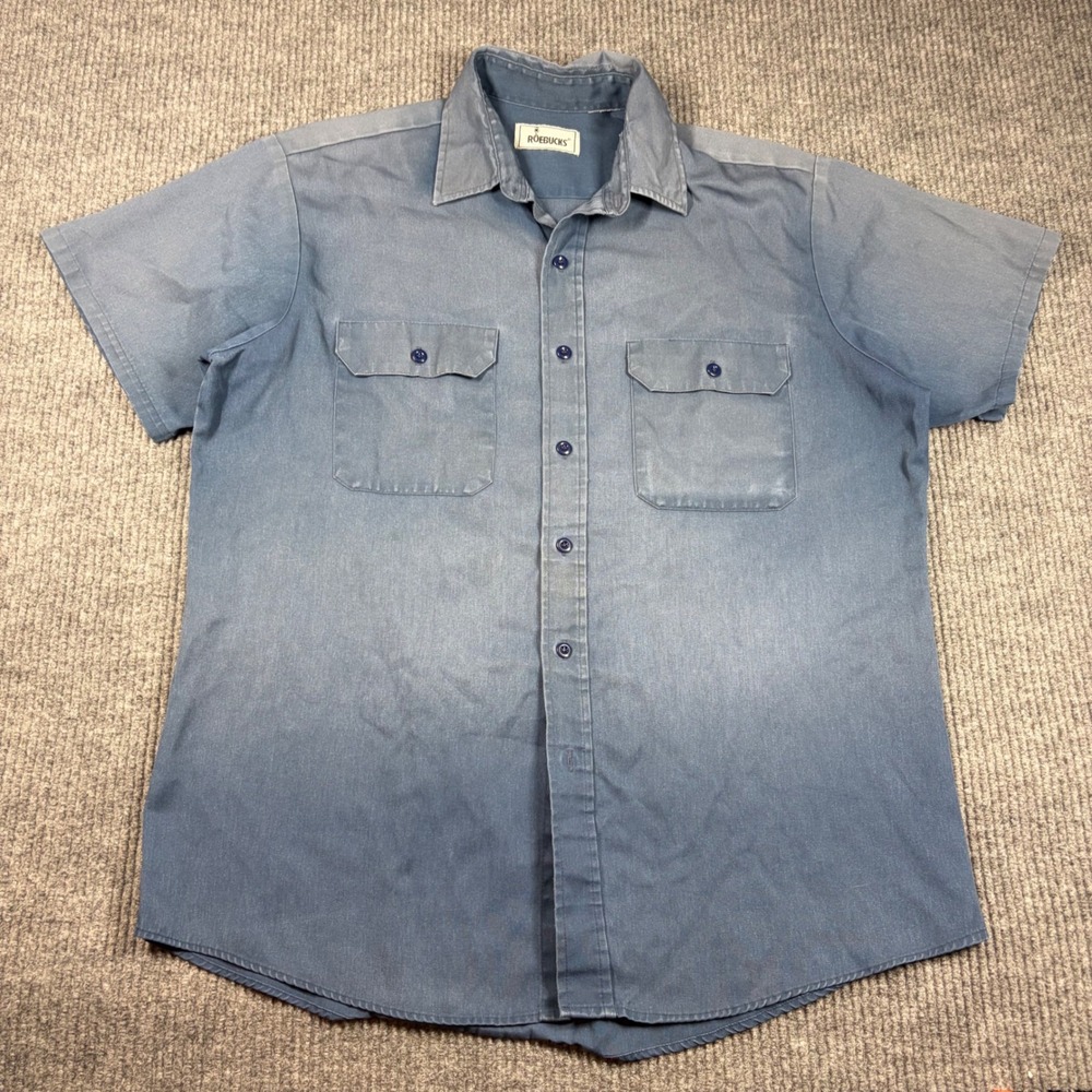 Vintage Roebucks Shirt Mens 2XL Blue Short Sleeve Button Down Work Large Regular